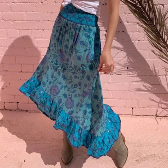 Boho Floral Gypsy Print Maxi Skirt Blue Ruffle - Picture 3 of 5